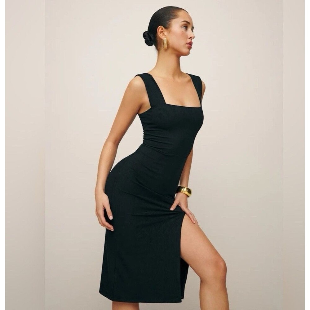 Reformation Black Ribbed Knit Square Neck Sleeveless Midi Dress Side Slit M